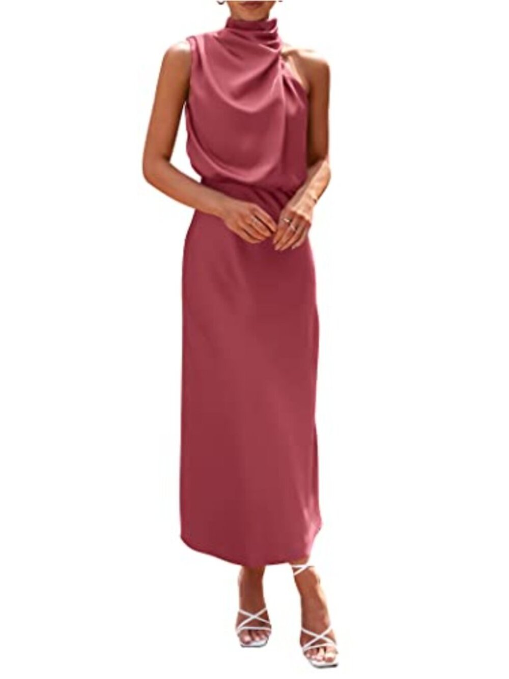 Satin Maxi Cocktail Dress Sleeveless Mock Neck Formal